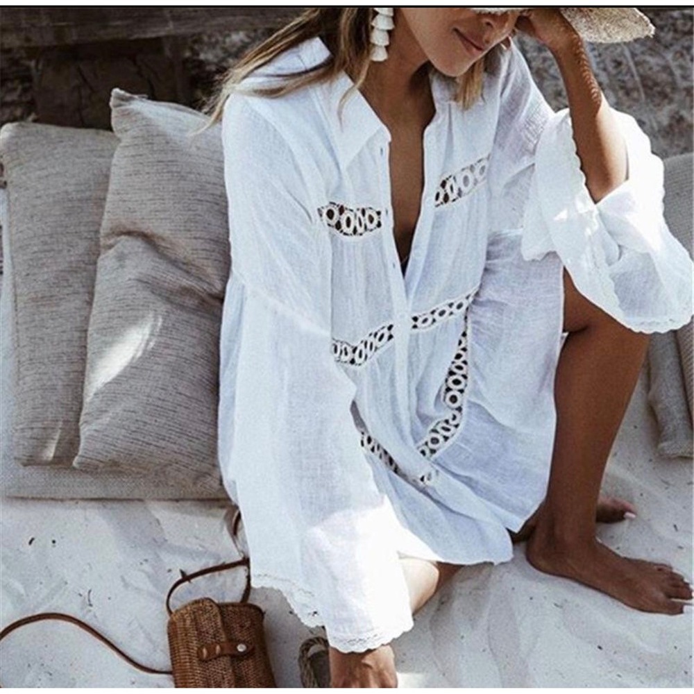 White Semisheer Boho Lace Trim Tiered Ruffle Tunic Shirt Blouse Oversized‎ OSFM